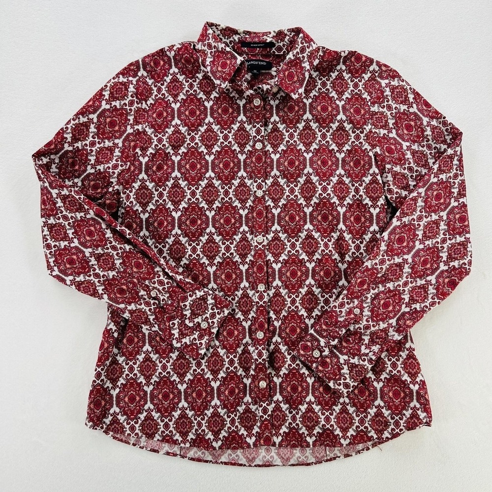 Lands End Shirt Womens 10 Red Paisley No Iron Supima Long Sleeve Button Up
